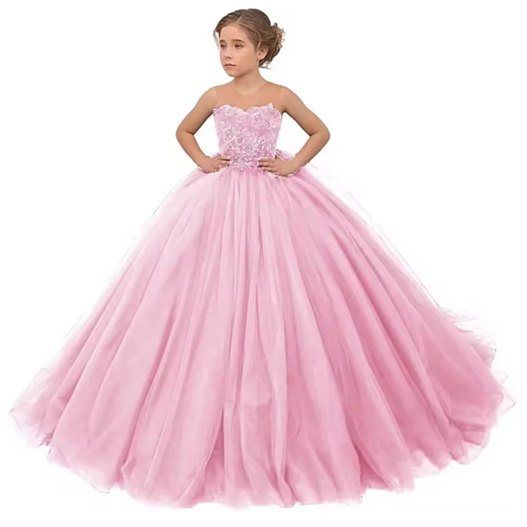 

Tulle Flower Girls Dresses Lace Appliques Long Formal Princess Wedding Pageant Ball Gowns for Children