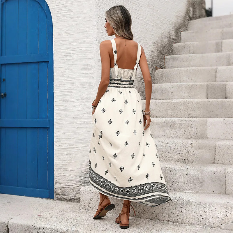 Boho Straps Sleeveless Maxi A-Line Dress for Women with Flared Hem and Tassel Details, Perfect Summer Sundress