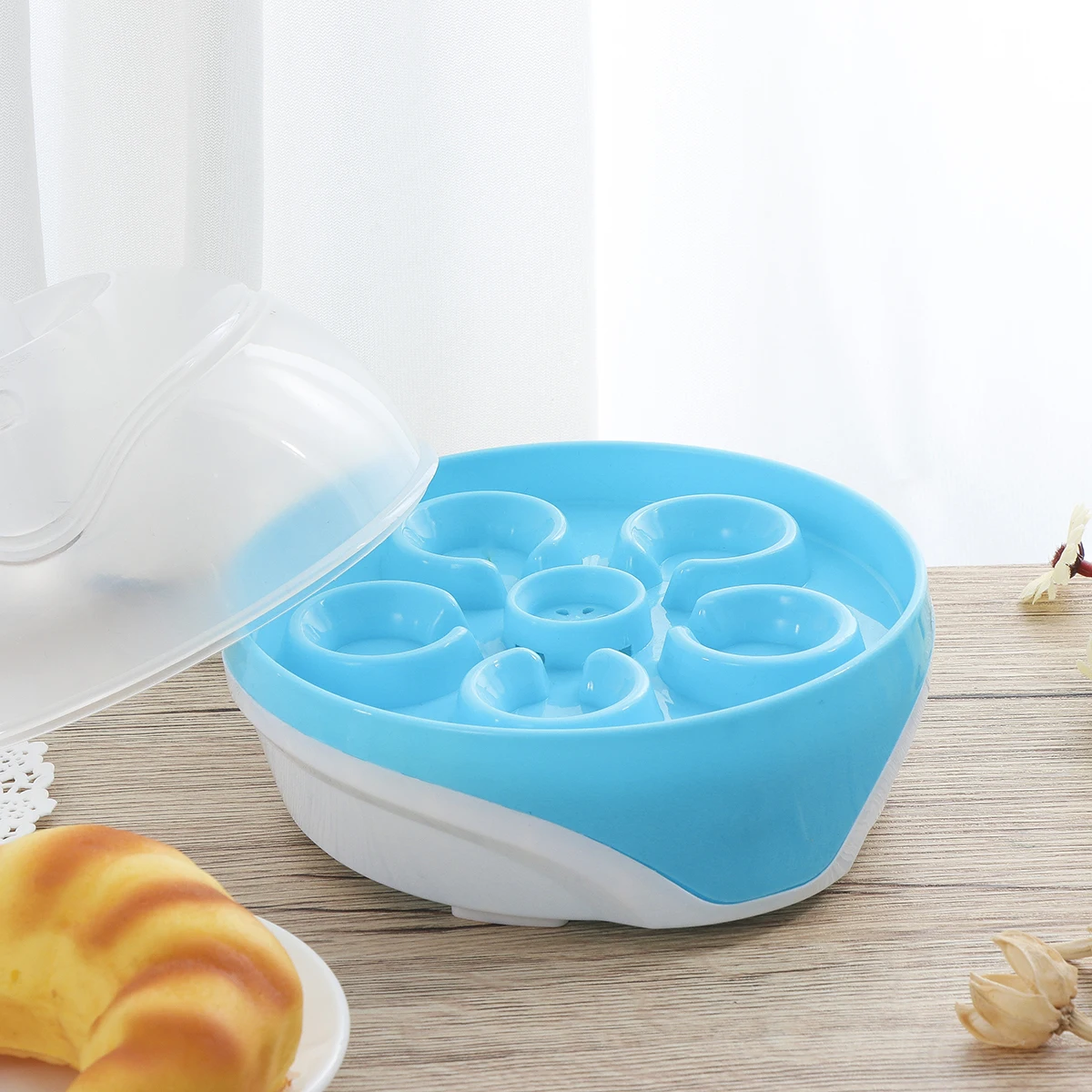 

Electric Egg Boiler Steamer Multifunctional Full Automatic Cooker 6 Lattice Blue Low Power Transparent Cover Portable Kitchen