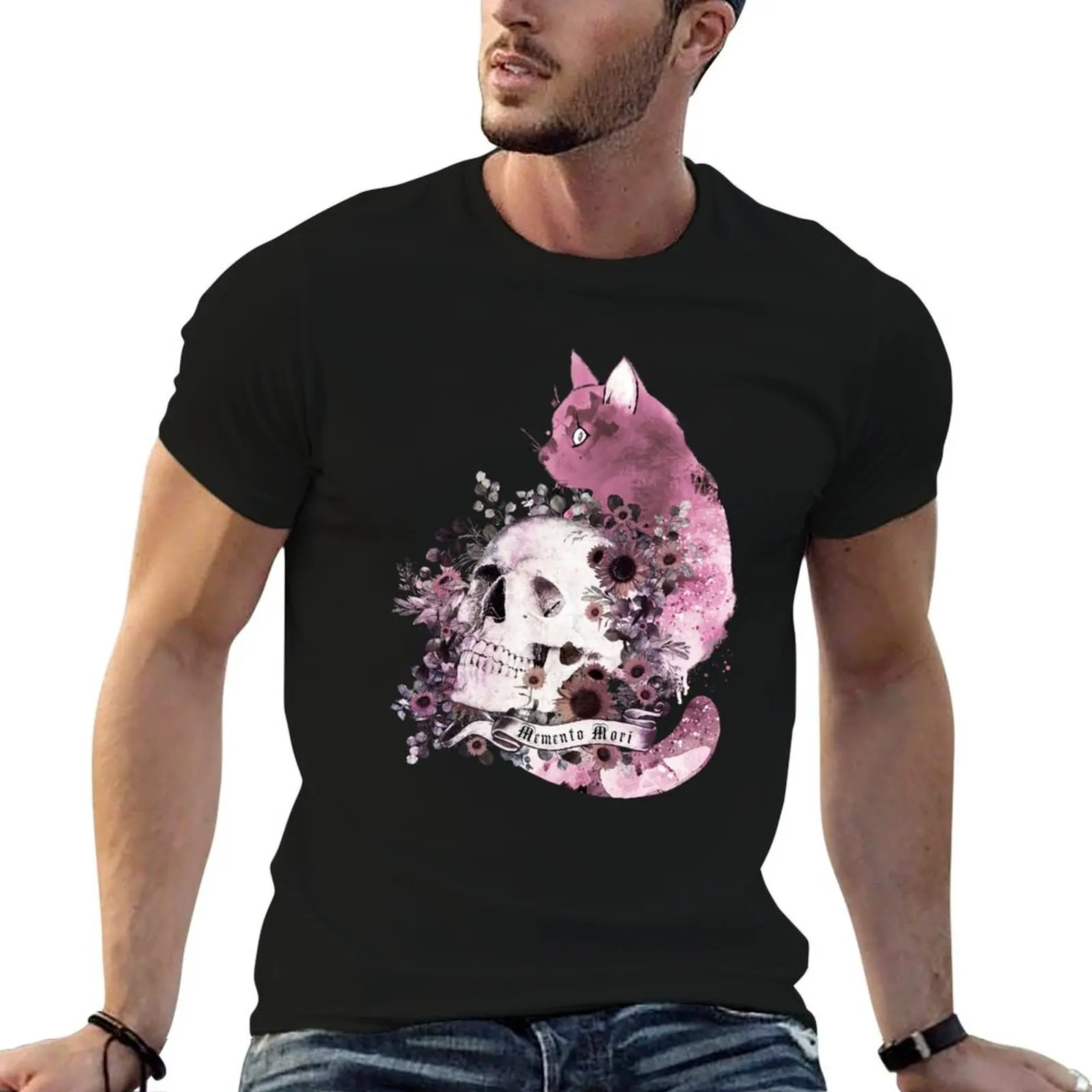 Cat and floral Skull with flowers and leaves , memento mori, cat skull, witch, goth, watercolor T-Shirt