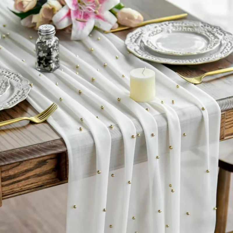 2 Pc 9.8 Feet Pearl Table Flag Wedding Kace Tablecloth Chiffon Sheer Tablecloth Suitable For Wedding Birthday Party Decoration