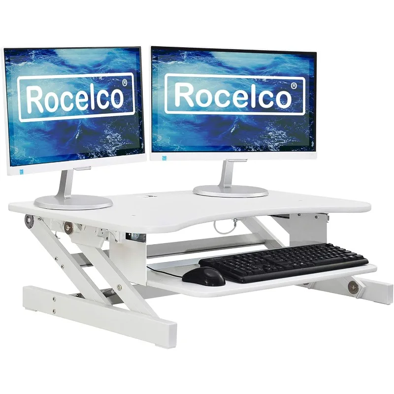 Deluxe Height Adjustable Standing Desk Converter - Quick Sit Stand Up Dual Monitor Riser - Gas Spring Assist Computer