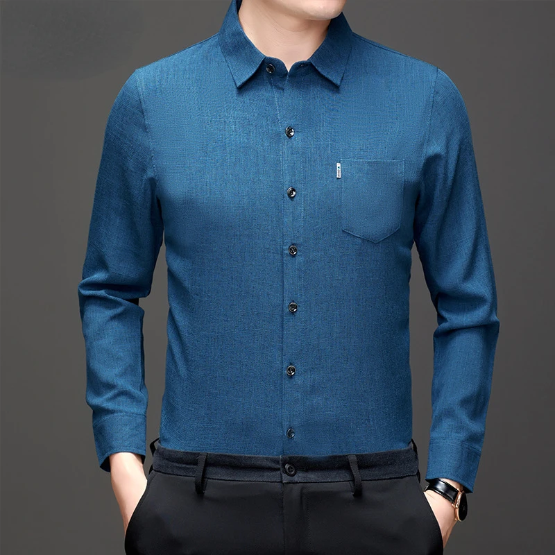 High Quality Large Size Cotton Linen Shirt Men Long Sleeve Loose Solid Color Lapel Buttons Pocket Business Casual Shirt M-4XL