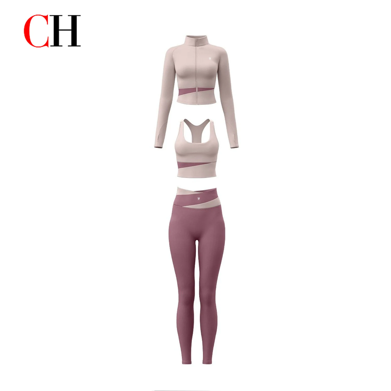 CH Women Gym Yoga Set 3 Piece Fitness Clothing Long Sleeve Jacket Sports Bra High Waist Leggings Workout Activewear