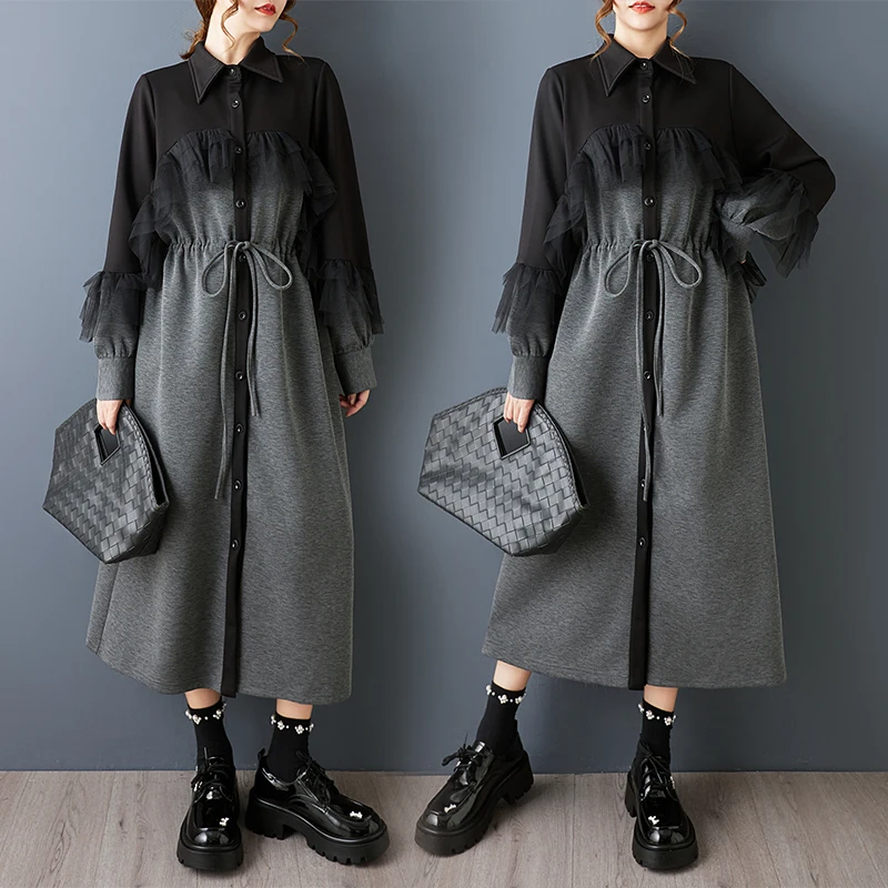 

Свободный оверсайз с цветочным принтом Me Splice Casual Sweet Long Sve irt Dr Autumn New Sle Women's Faion Polyester Cotto...