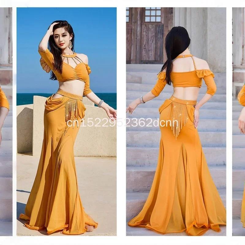 

New Belly Dance Costume Sexy Off Shoulder Top + tassel Fishtail Skirt 2pcs Oriental Dance Professional Performance Clothes 2026