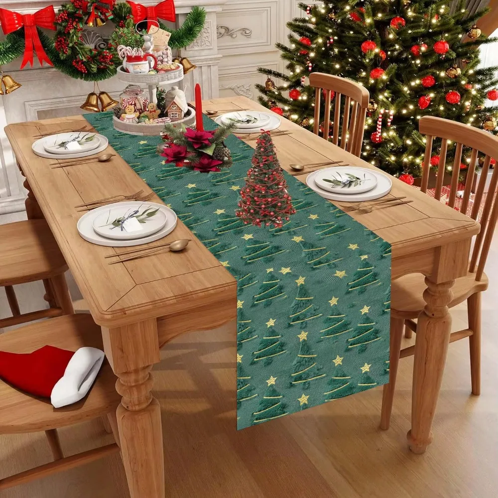 

Plush Embroidered Christmas Tree Table Runner Rectangular Embossed Design Christmas Table Cover Long Dining Tablecloth New Year