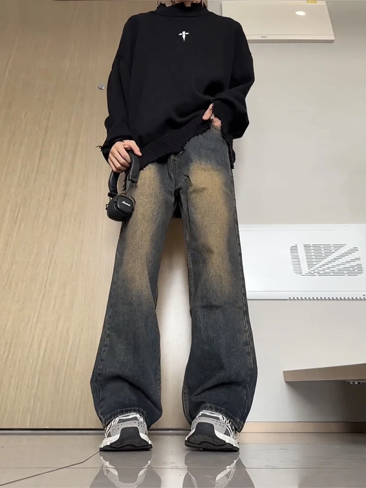 

Мужские джинсы в американском ретро-стиле, прямые брюки в повседневном стиле, цвет желтый грязь, для весенне-осеннего сезона