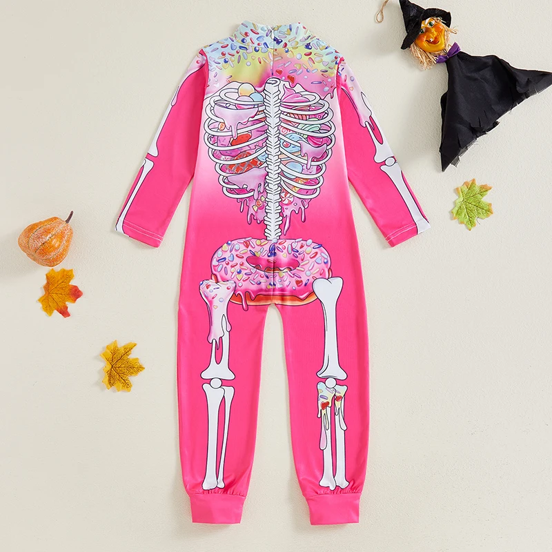 Suefunskry Kids Girls Halloween Romper Back Zipper Long Sleeves Skeleton Print Jumpsuit for Toddler Cosplay Party Holiday Outfit