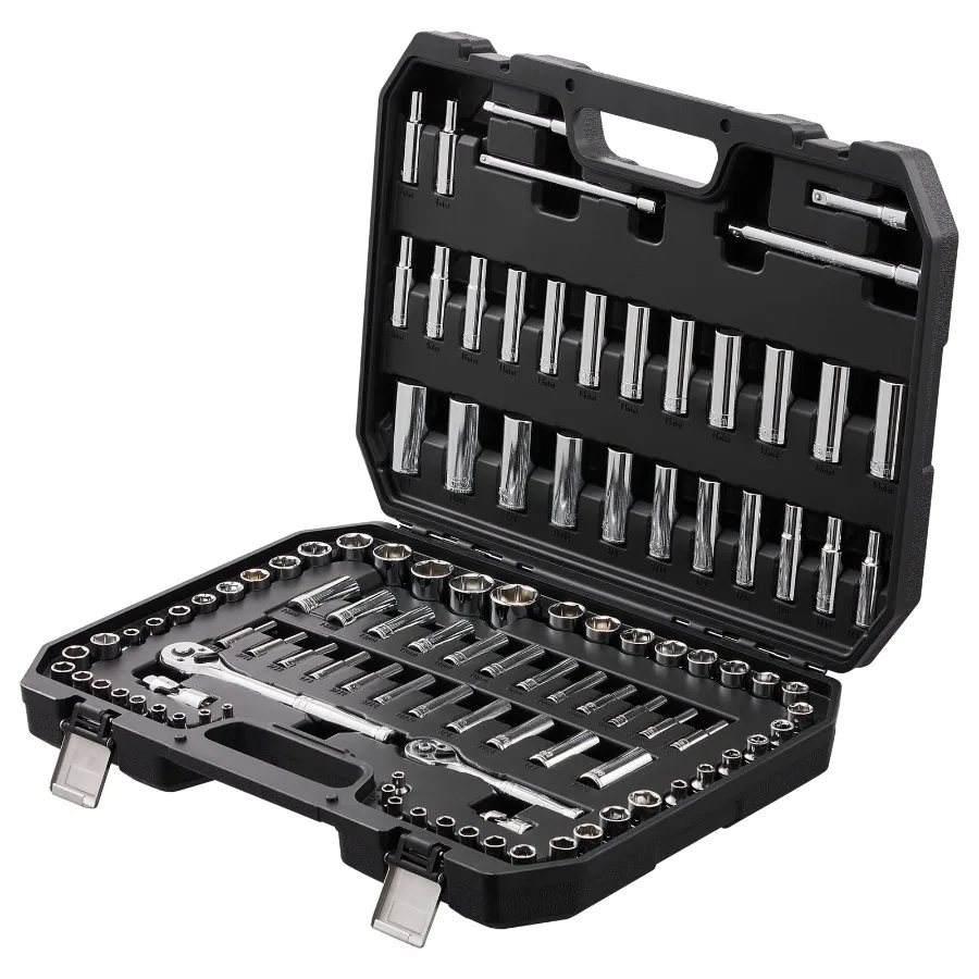 

Комплексный набор торцевых ключей с трещоткой 1/4 и 3/8 дюйма и набором головок, 6-гранный дизайн для точного крепления, 106 предметов, SAE и