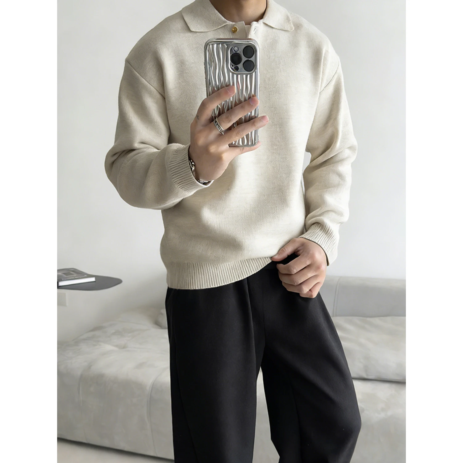 Suéter Casual de Punto para Hombre RiNe, Cuello Redondo, Versátil, Cómodo, Transpirable, de Poliéster, Manga Larga, Corte Hol...