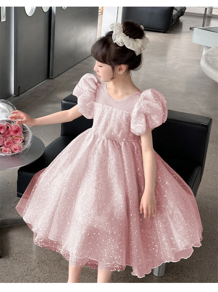 Prinzessinnenkleid für Mädchen, Sommer, glitzernde Pailletten, Tüll, Puffärmel, Hochzeit, Geburtstag, Party, Auftritt, Kinderkleid, 110–170 cm, 20–50 kg – Detail 16