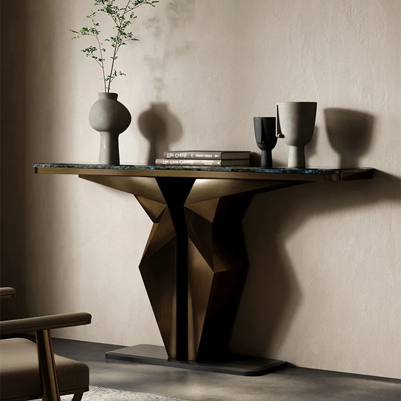 

Natural marble blue jadeite entrance modern designer entrance platform large apartment against the wall stainless steel light lu