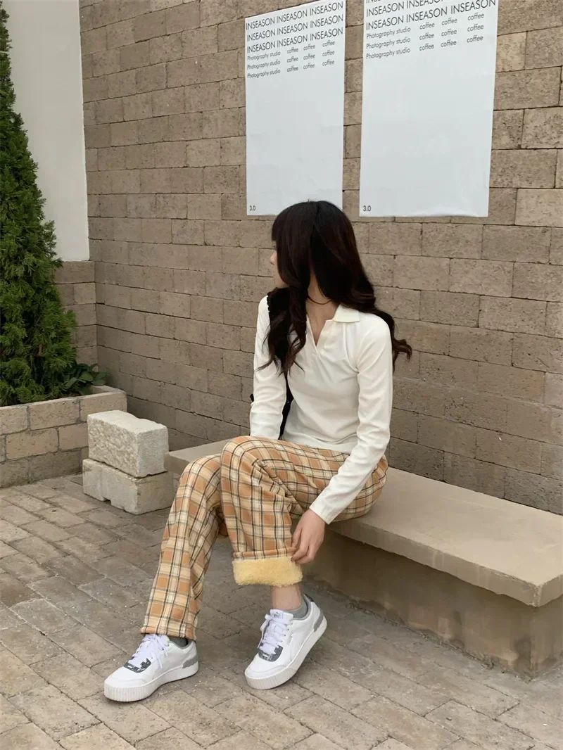 Mode Warme Plüsch Hosen Kaschmir Dicken Plaid Damen Winter Beiläufige Lose breitbeinig Hosen Koreanische Streetwear Studenten – Detail 11