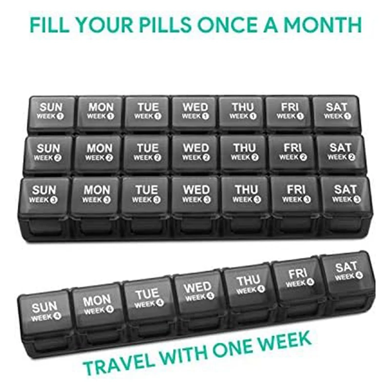 Monthly Pill Organizer 28 Day Pill Box Organizerd By Week, Large 4 Weeks 1 Month Pill Cases With Dust-Proof Container Black