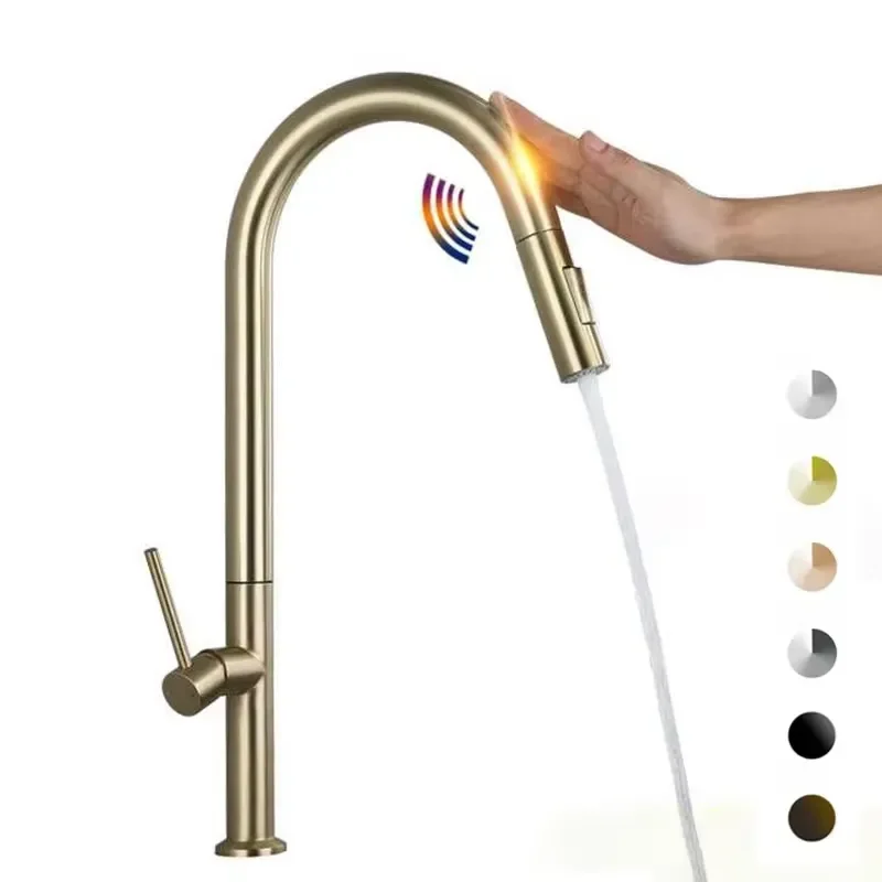Smart Touch Sensor Kitchen Sink Faucet Single Handle Stainless Steel Drop Down Sprayer Modern High Arc Pull Out Tap