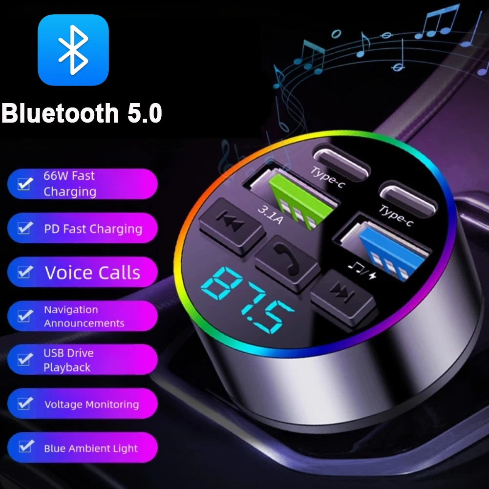 Bluetooth 5.0 FM Transmitter Car Phone Charger MP3 Music Player Car USB Cigarette Lighter Multifunctional Car Phone Charger