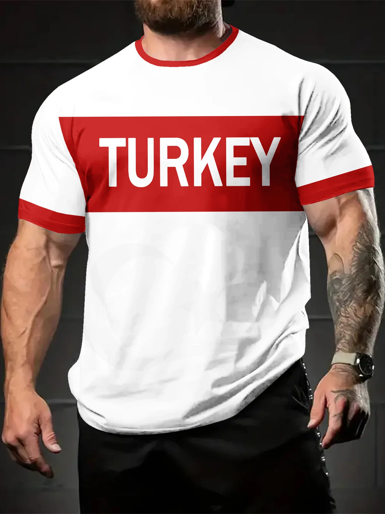 Men Short Sleeve T-Shirt, White Base Red Horizontal Strip Red Collar Cuff Letter Sport Graphic Casual Tee