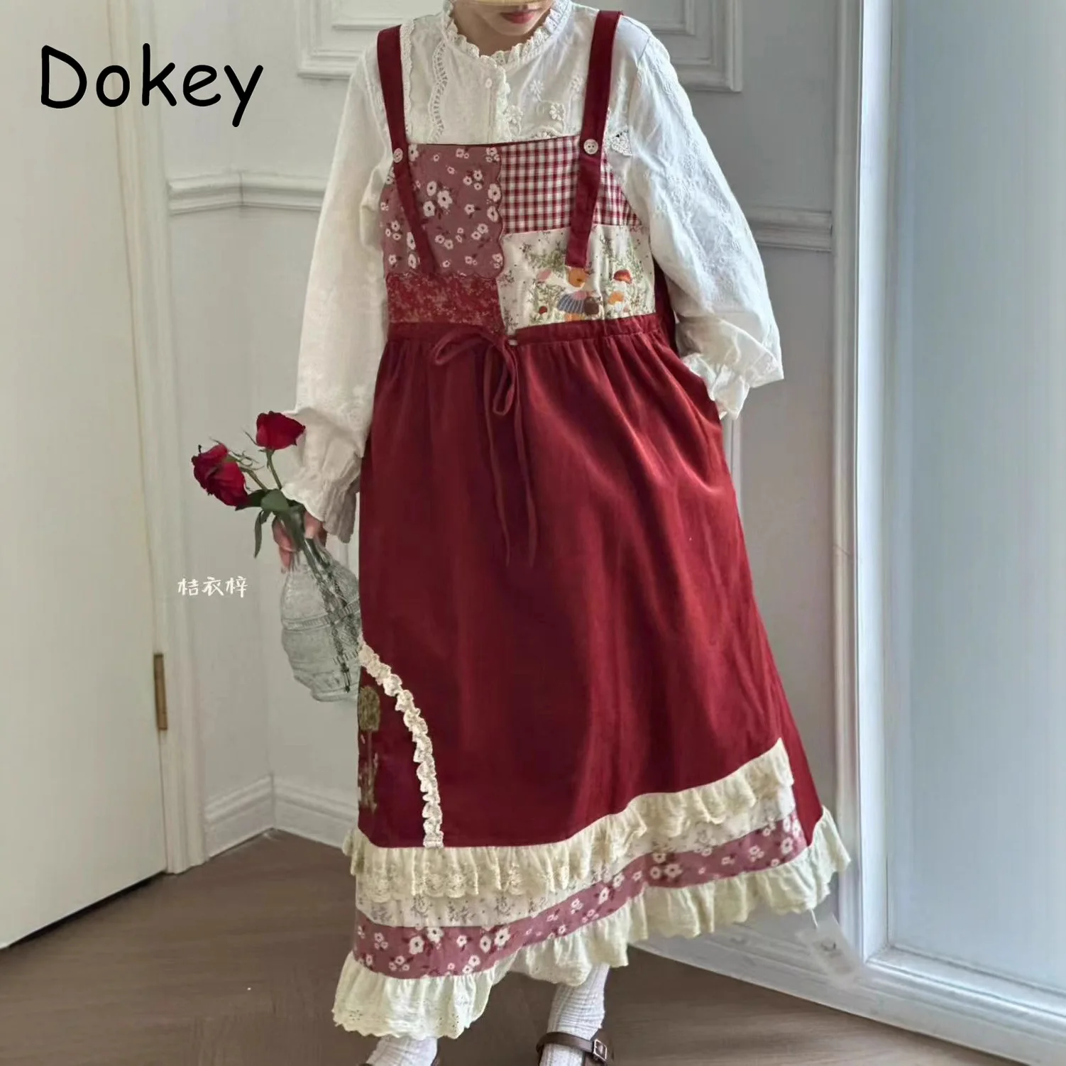 Abito generale Lolita in velluto a coste vintage Abito da donna giapponese Mori Girl Patchwork Abito con bretelle Kawaii + set di camicie bianche a maniche lunghe
