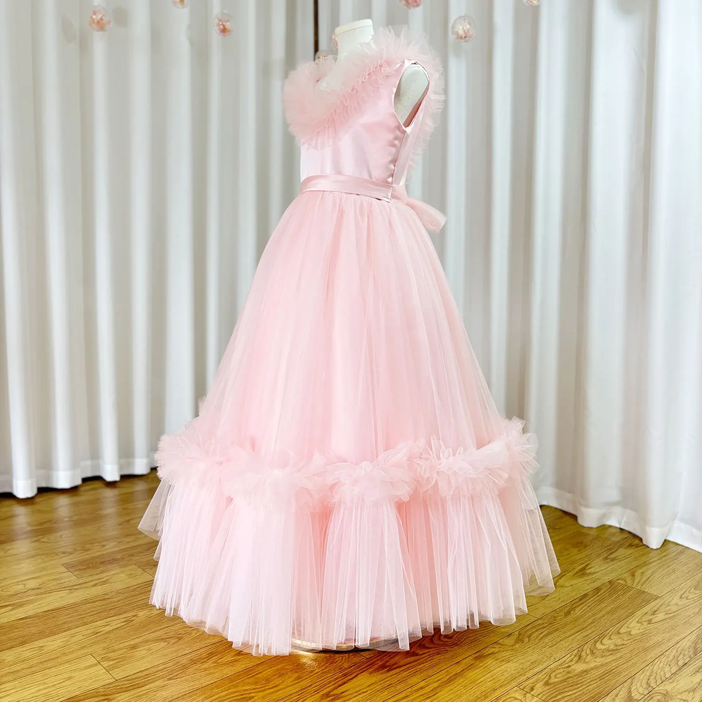 Jill Wish-Robe élégante rose à fleurs pour fille, col en V, à plusieurs niveaux, style dubaï, pour fête d'anniversaire, mariage, Rh, soirée, 2024, J116