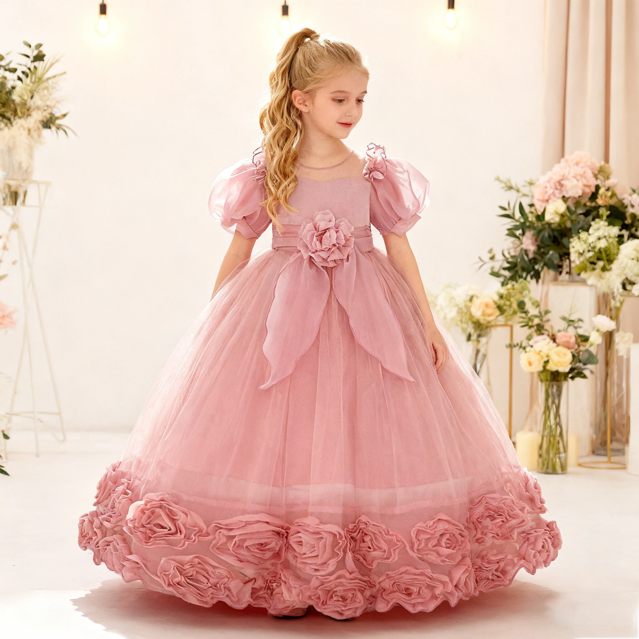 Mode Blume Brautjungfern Mädchen Kleid Hochzeit Prinzessin Abendkleid Elegante Tüll Geburtstag Party Kleider Mädchen Bogen Abend Vestido