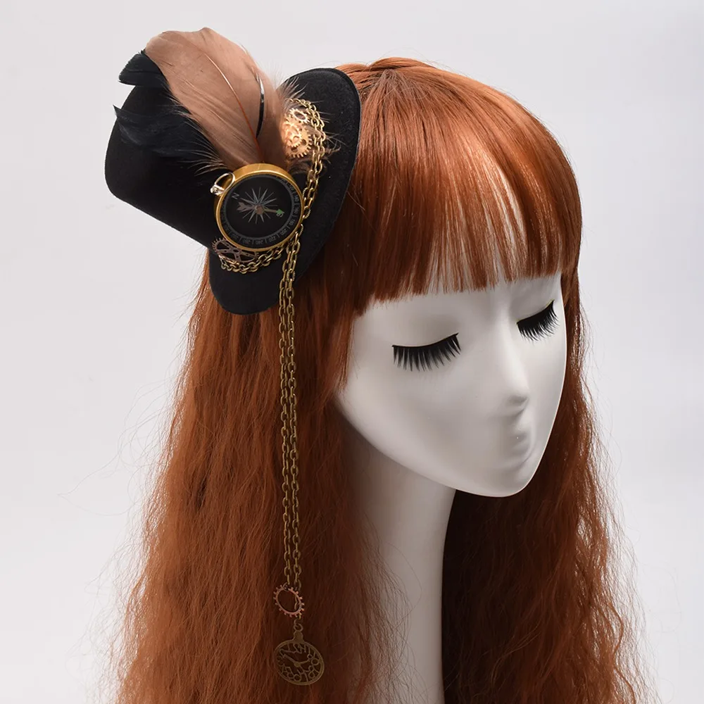 

Women Gothic Mini Top Hat Steampunk Gears Victorian Cosplay Costume Feather Hair Clip Headpiece