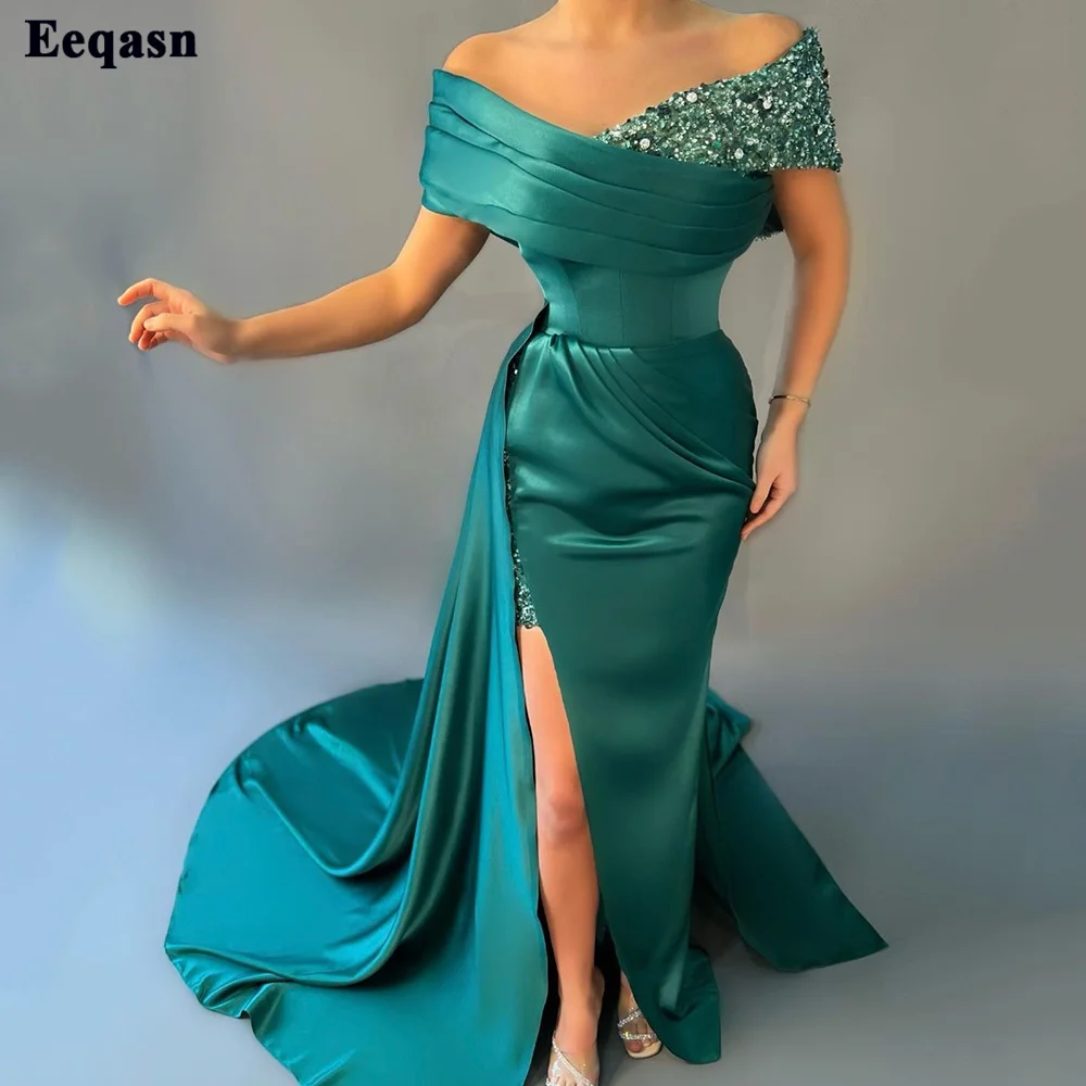 

Eeqasn Mermaid Satin Sequin Evening Dresses Formal Green Off The Shoulder Bodycon Women Party Prom Gowns Special Occasion Dress