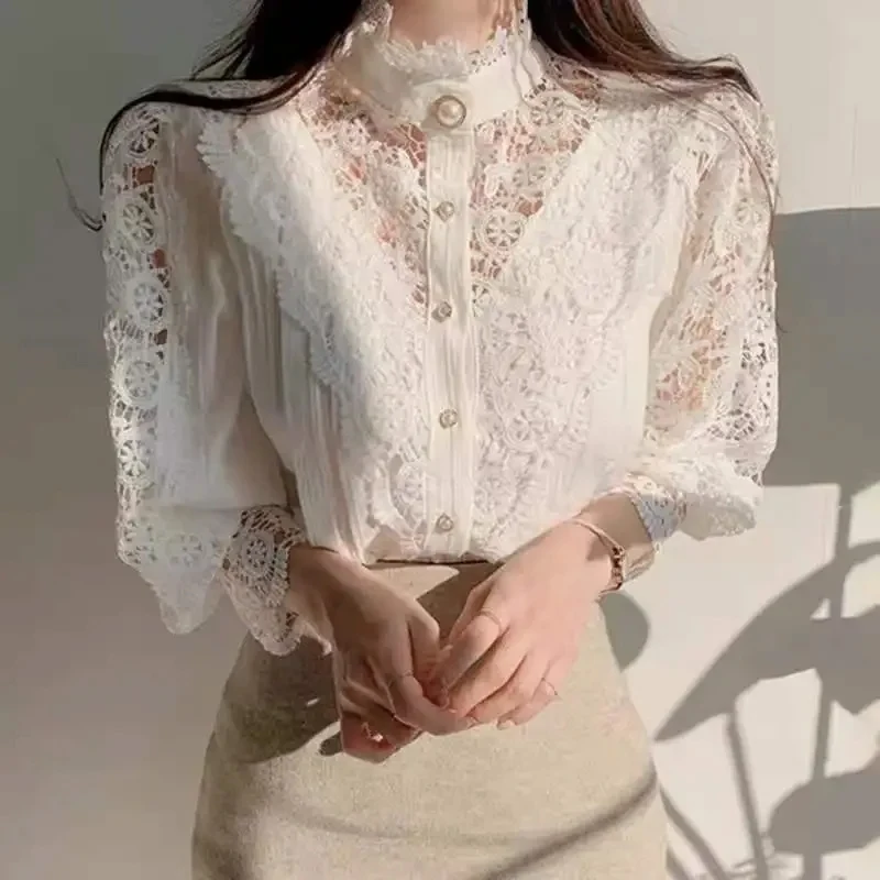 Fashion Petal Sleeve Lace Blouses Women Stand Collar Shirts Female Hollow Out Patchwork Ladies Top Flower Blouse Blusas 410G