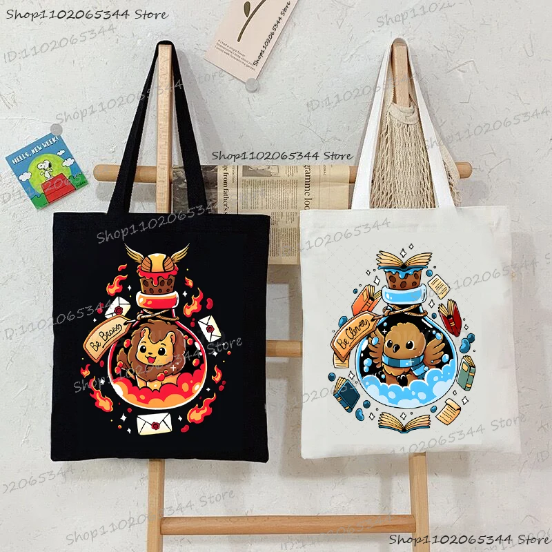

Women Men Cartoon Owl and Lion Anime Canvas Shoulder Bag Fashion Canvas Tote Eco Shopping Bag Comic Student Funny Handbags