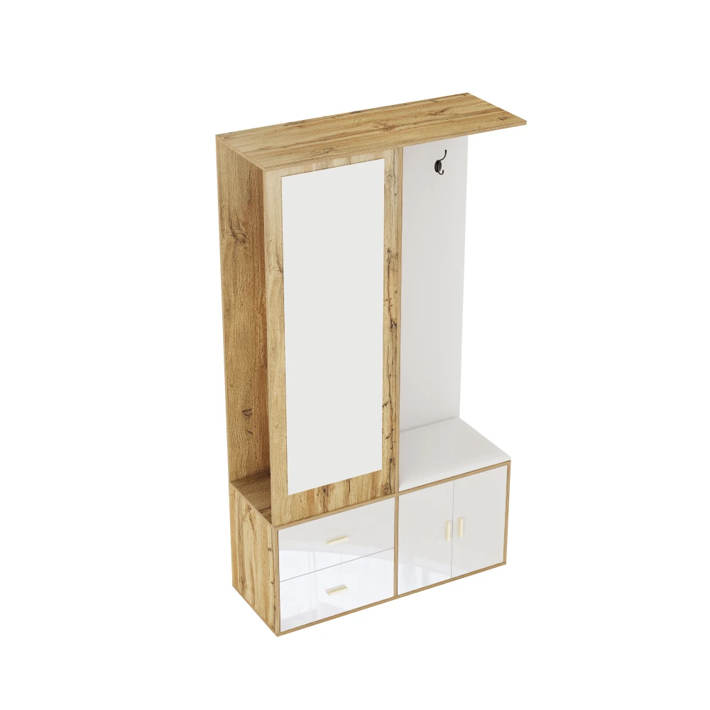 PINGGO Edles Garderoben-Set mit Spiegel, Schuhschrank, Schuhbank mit Haken, ausziehbarer Kleiderstange in Weiß und Holzfarben – Detail 25