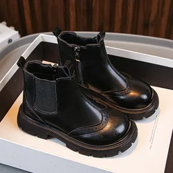 Fashion Kids Leather Boots Black Brown 2023 New Children Chelsea Boots Drop Shipping Non-slip Classic Solid Color Britain Style