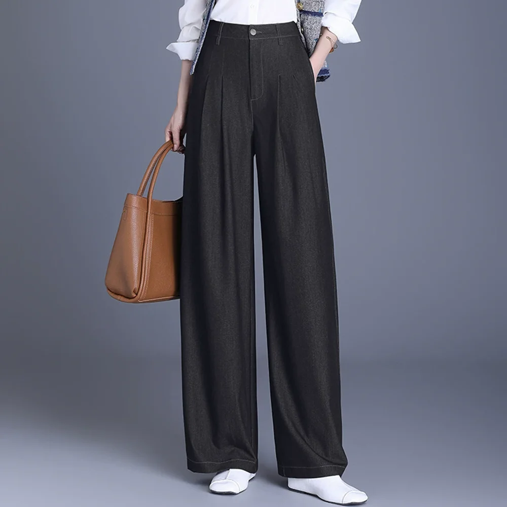 

2025 New Long Full Length Straight Leg Denim Jeans For Women High-waisted Casual Fashion Dark Blue For Spring Autumn