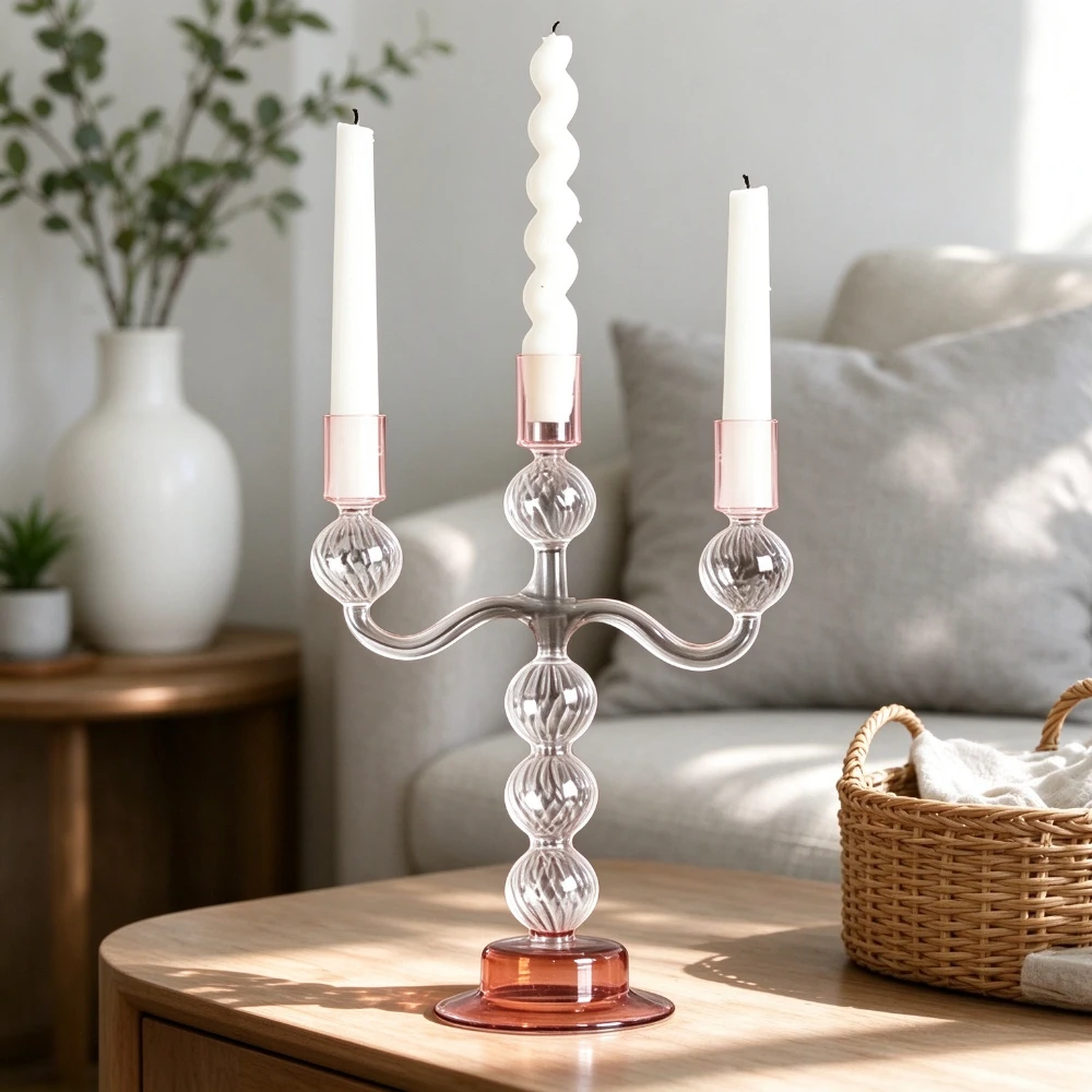 3 Arms Gradient Pink Glass Candlestick Holder Bubble Texture Taper Candle Holder for Dining Table Wedding Party Home Decoration