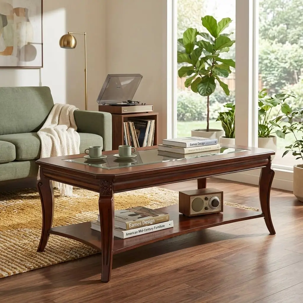 Rectangle Wood Coffee Table with Glass Top & Shelf, Distressed Farmhouse Rustic Living Room Center Table, Cherry, Customized