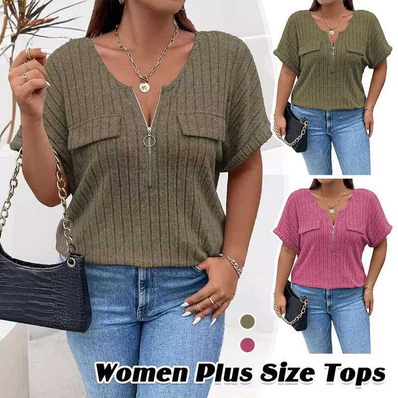 Women Large Size Tops Pure Colour Casual Loose Spring Summer Round Neck with Zipper Short Sleeve T-Shirt Casual Ribbed Knitwear