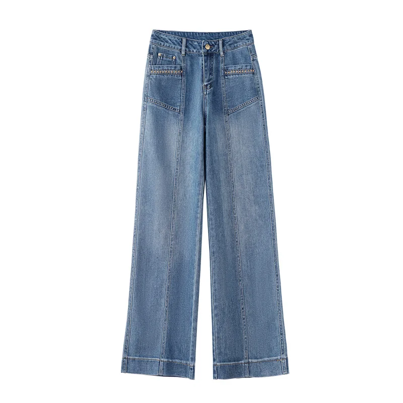 جينز للنساء صيفي فضفاض ثنيات مستقيمة سراويل تنحيف متعددة الاستخدامات عالية الخصر سراويل طويلة #5