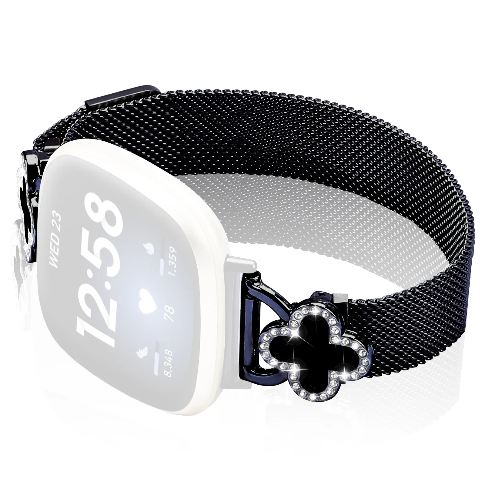 

For Fitbit Versa 4 / Sense 2 Milanese Watch Band Clover Decor Electroplated Metal Magnetic Strap, Size: L - Black