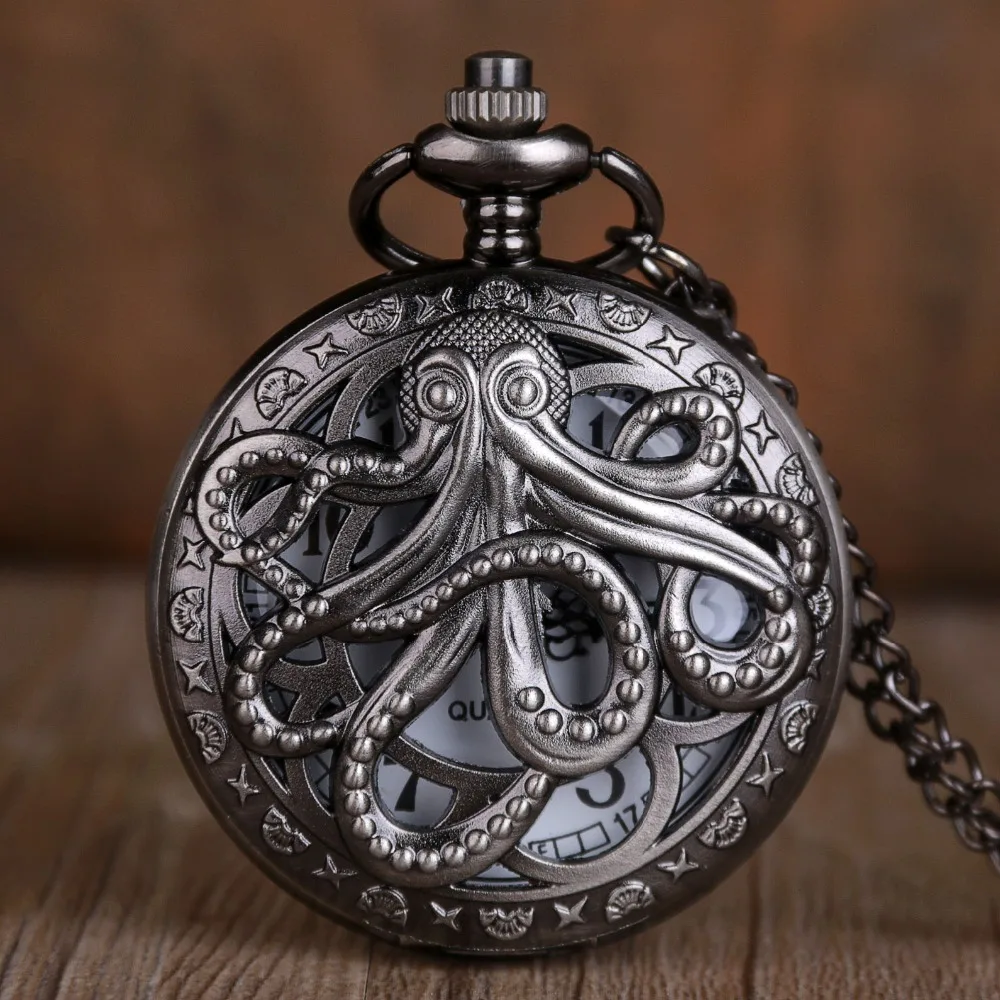 Retro Black & Bronze Octopus Quartz Pocket Watch With Necklace Chain Gift for Male Women Chronograph Hombre Relojes