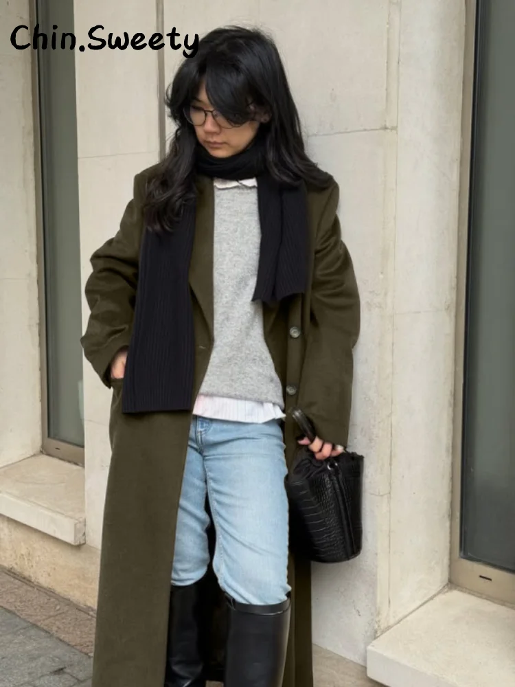 

Elegant Long Woolen Coat Women Solid Lapel Full Sleeve Single Breasted Pockets Overcoats 2025 Autumn Winter Lady Street Outwear