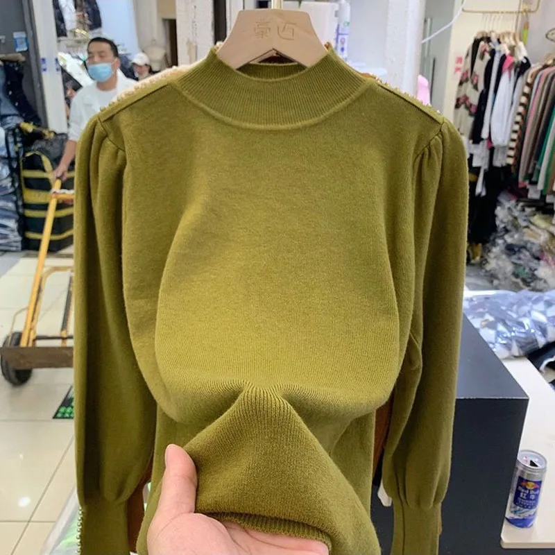 Autumn Winter Puff Sleeve Shoulder Multiple Pearls Design Half Height Collar Straight Pullovers Cuffs Split Fork Sweaters Loose