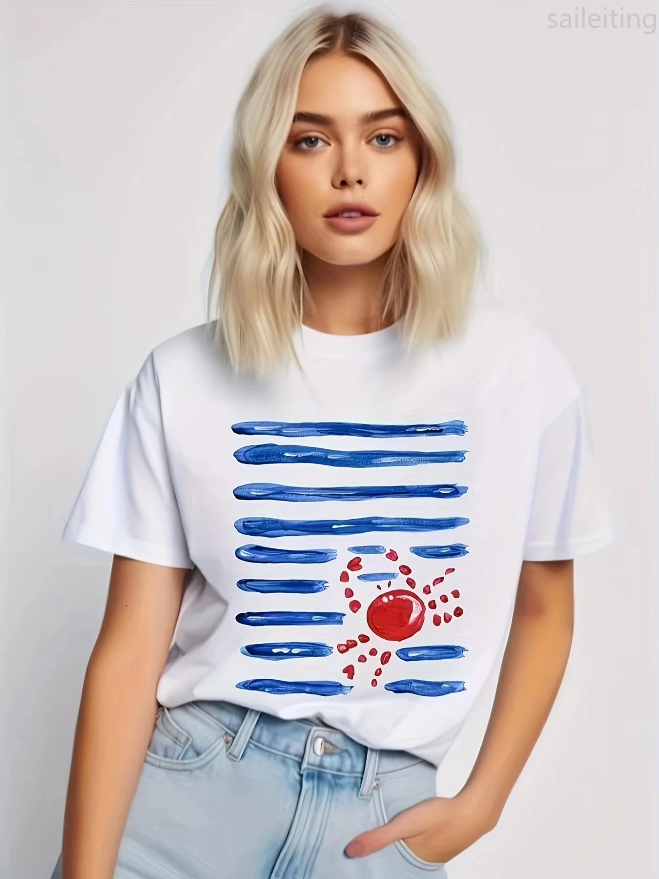 

Женская повседневная футболка с коротким рукавом белого цвета с синим, красным графическим принтом краба, летние уличные футболки с короткими рукавами в стиле Харадзюку