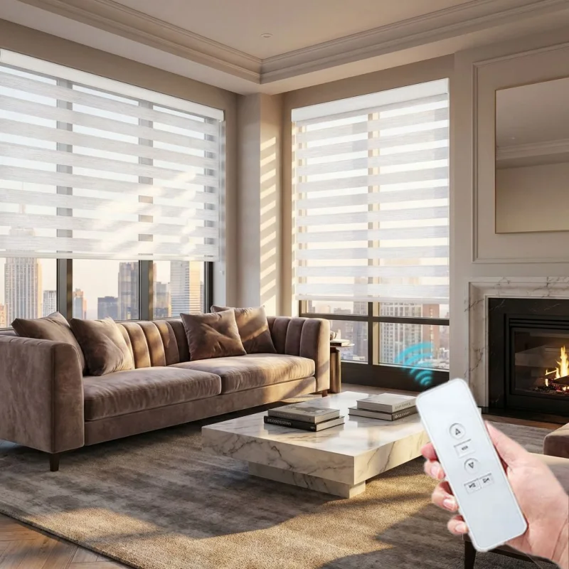 Custom Size Day Night Double Layer Fabric Wifi Tuya Phone Alexa Google Home To Control Automatic Zebra Blinds For Living Room
