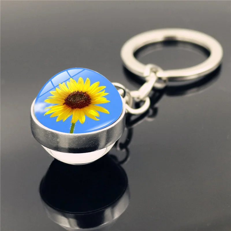 Schlüsselanhänger mit Sonnenblumenmuster, doppelseitiger Glaskugel-Anhänger, Metall-Schlüsselanhänger, klassisches Geschenk – Detail 9