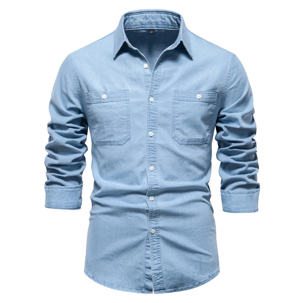 Fashion Autumn Cotton Denim Shirts Men Casual Long Sleeve Quality Cowboy Shirt Solid Color Slim Fit Elastic Jean Shirts for Men