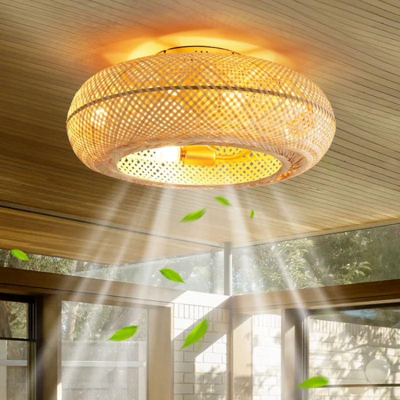 Ceiling Fan with Led Lights Rattan Hand-woven Caged Ceiling Fan for Bedroom Kitchen Ceiling Fan with Light Remote Controller