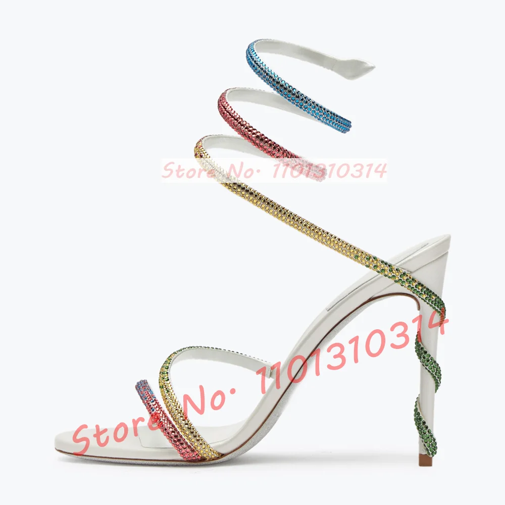 Gradient Crystal Ankle Wrap Sandals Women Luxury Sparkly Snake Strap 2024 Summer Colorful High Heels Shoes Party Evening Sandals