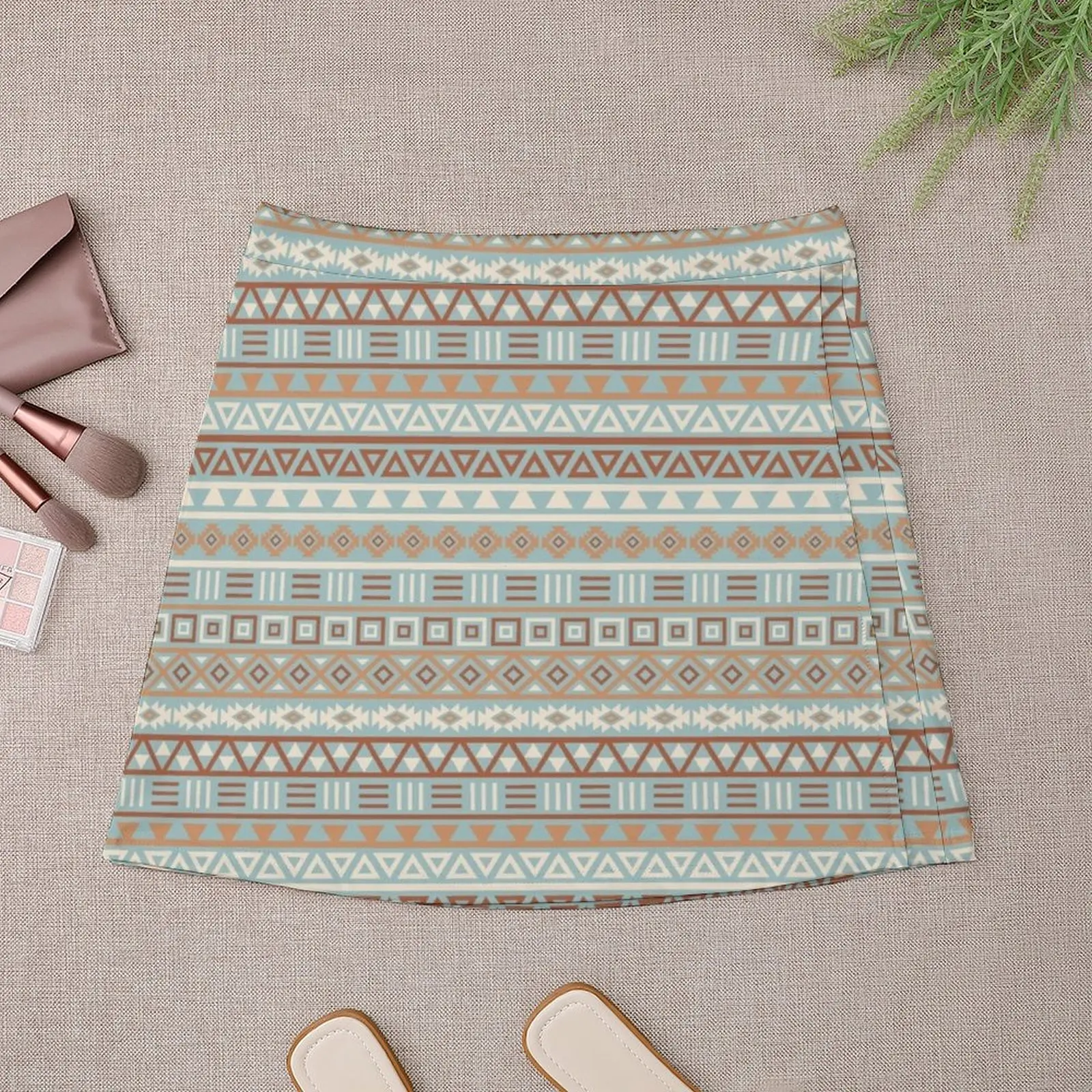 Aztec Influence II Pattern Terracottas Cream Blue Mini Skirt women's clothing korea stylish Mini Skirt