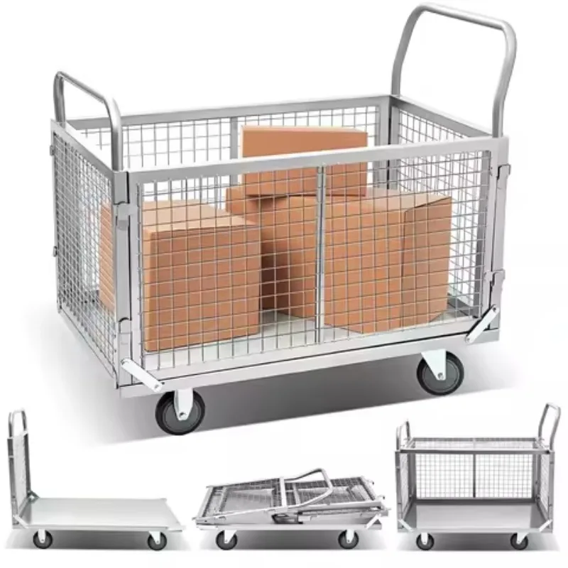 تحميل عربة يدوية قابلة للطي بوزن 500 كجم مع ألواح جانبية شبكية لنقل جرد السوبر ماركت وبيع السوق الخارجية #2