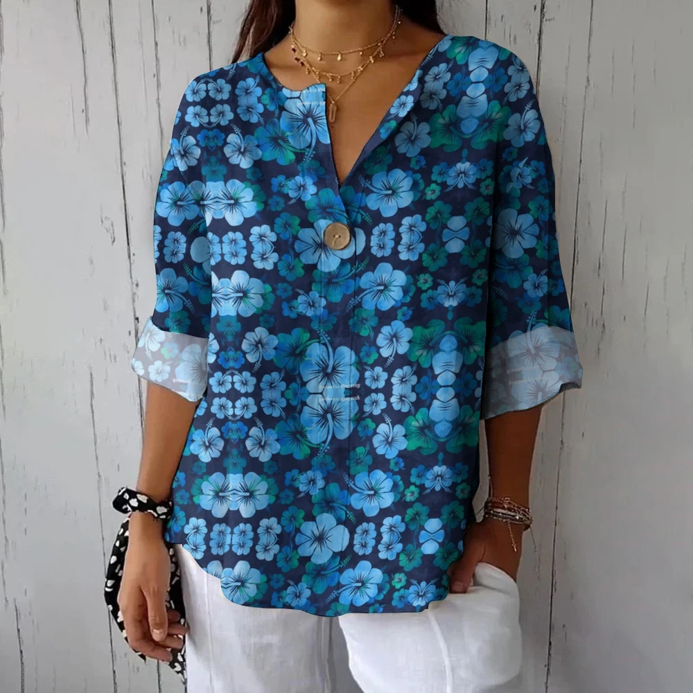 

Blue Casual Blouse Round Neck Loose Long Sleeves Seaside Hawaiian Wear Flower Print Blouse Traf Vacation Clothing