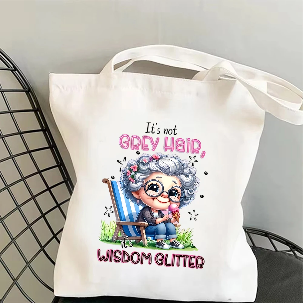 Trendy Grey Hair Printed Canvas Tote Bag Wisdom Slogan Durable Reusable Grocery Shopping Bags Large Travel Bag for Girl